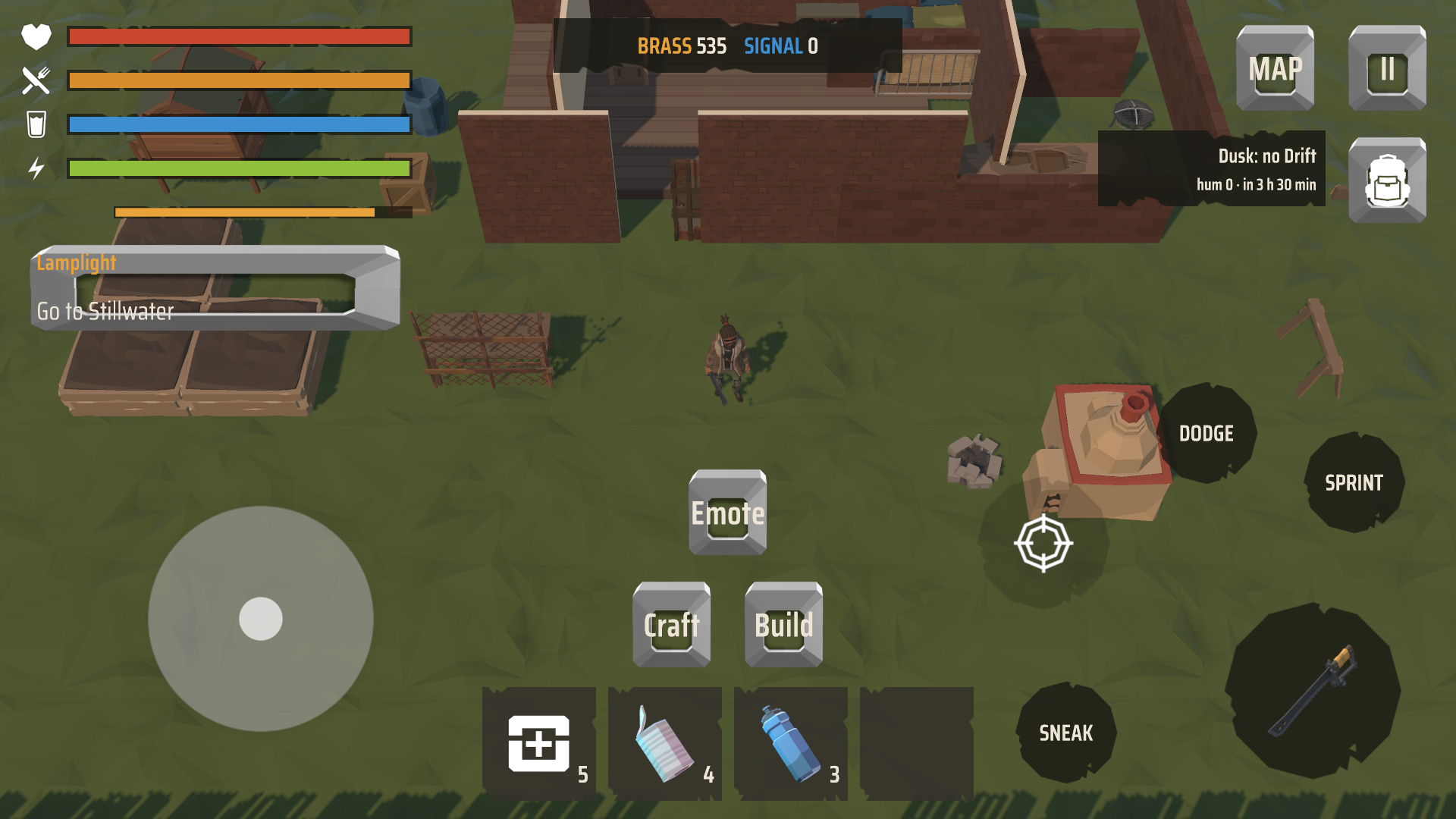 Your Haven, built piece by piece: a hut, a workshop, a palisade and the stations.
